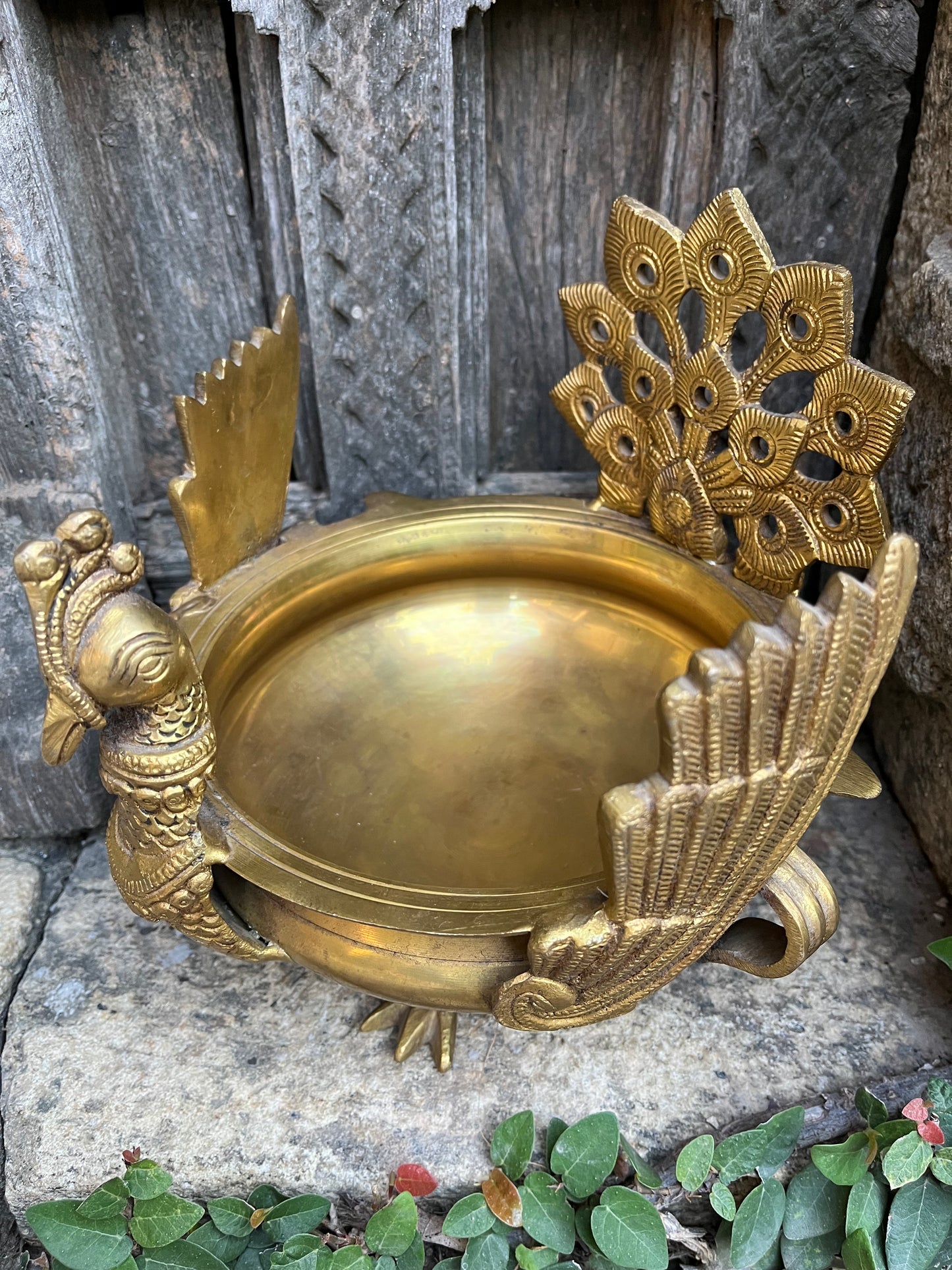 Gold Brass Urli With Peacock Stand 8"