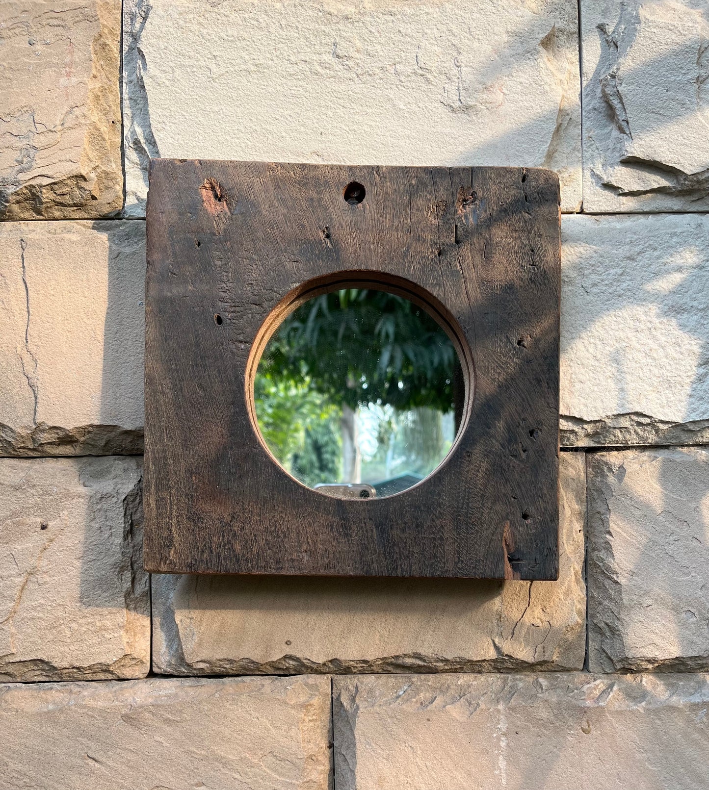 Wood Old Rustic Round Wall Mirror