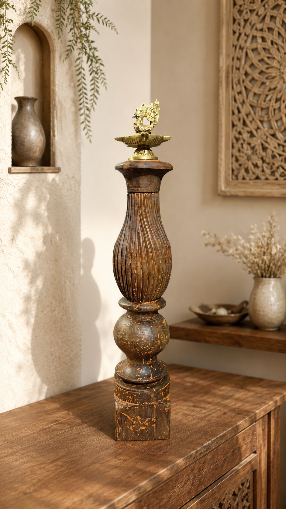 Wood Vintage Brass Diya Stand ￼