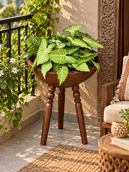 Old Teakwood Stand Round Planter ￼￼