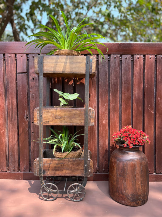 Wooden Old Brick Mould Wheel Planter Stand