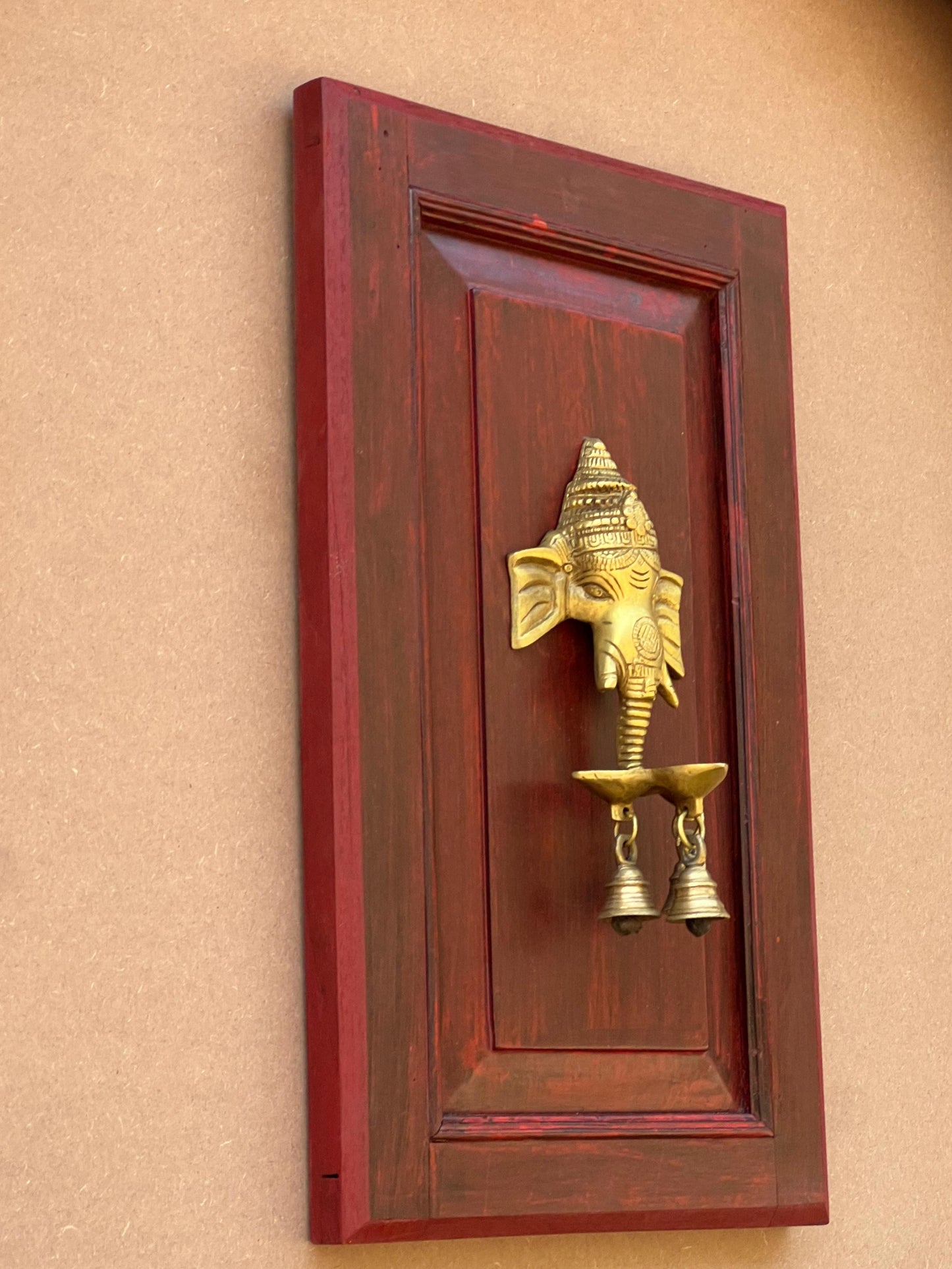 Old Teak wall Panel With Brass Ganesh Mask