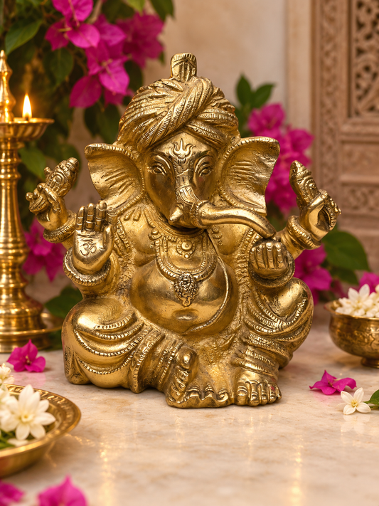 Divine Brass Pagdi Ganesha ￼