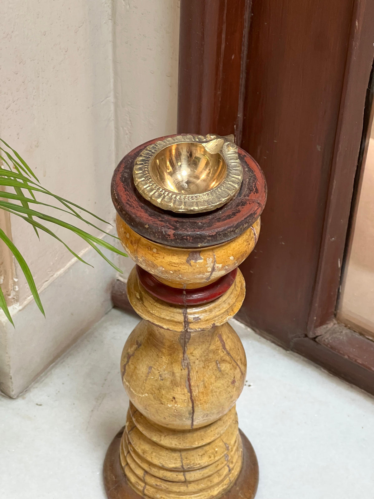 Wood Pillar Old Brass Diya