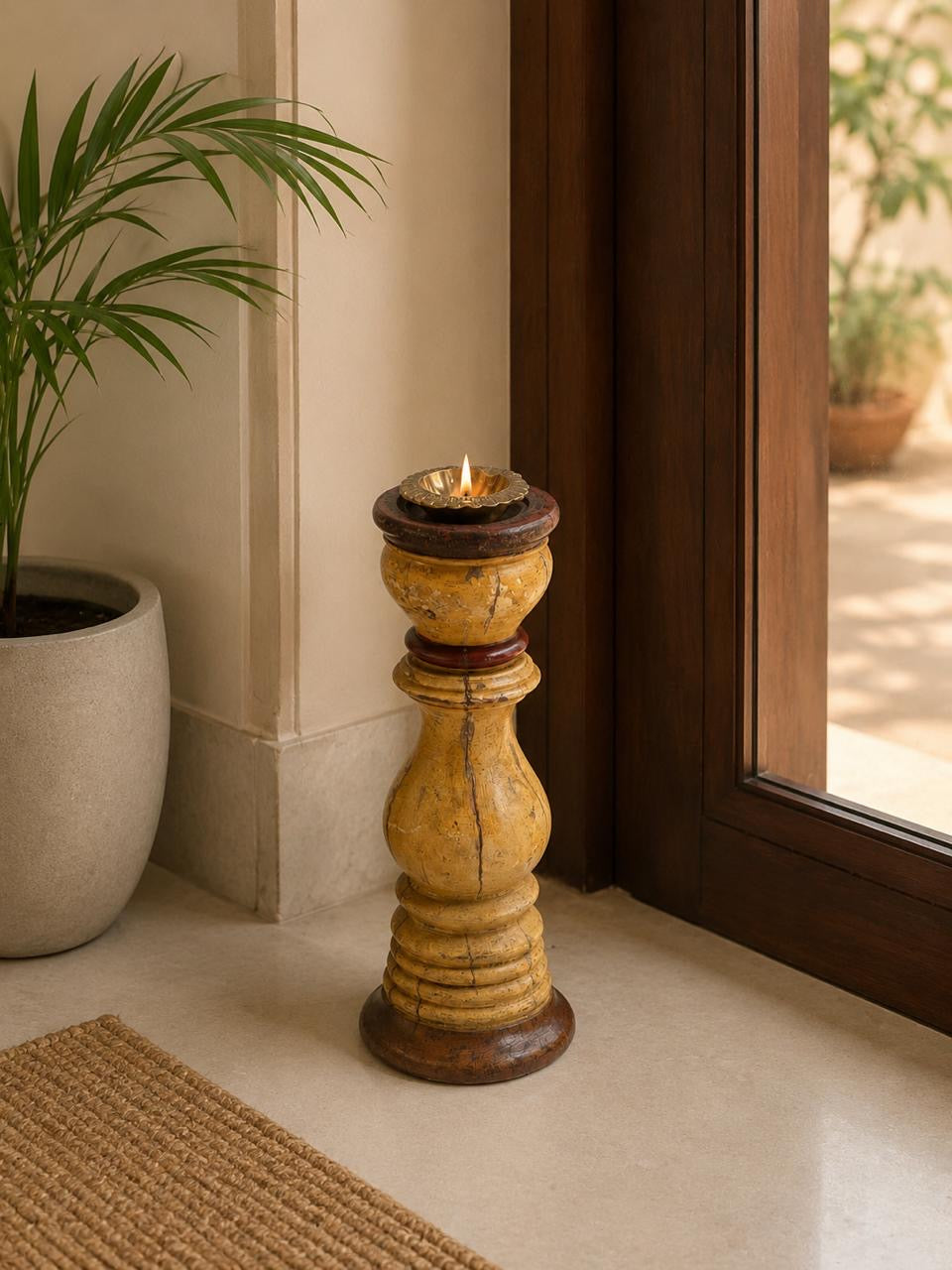 Wood Pillar Old Brass Diya