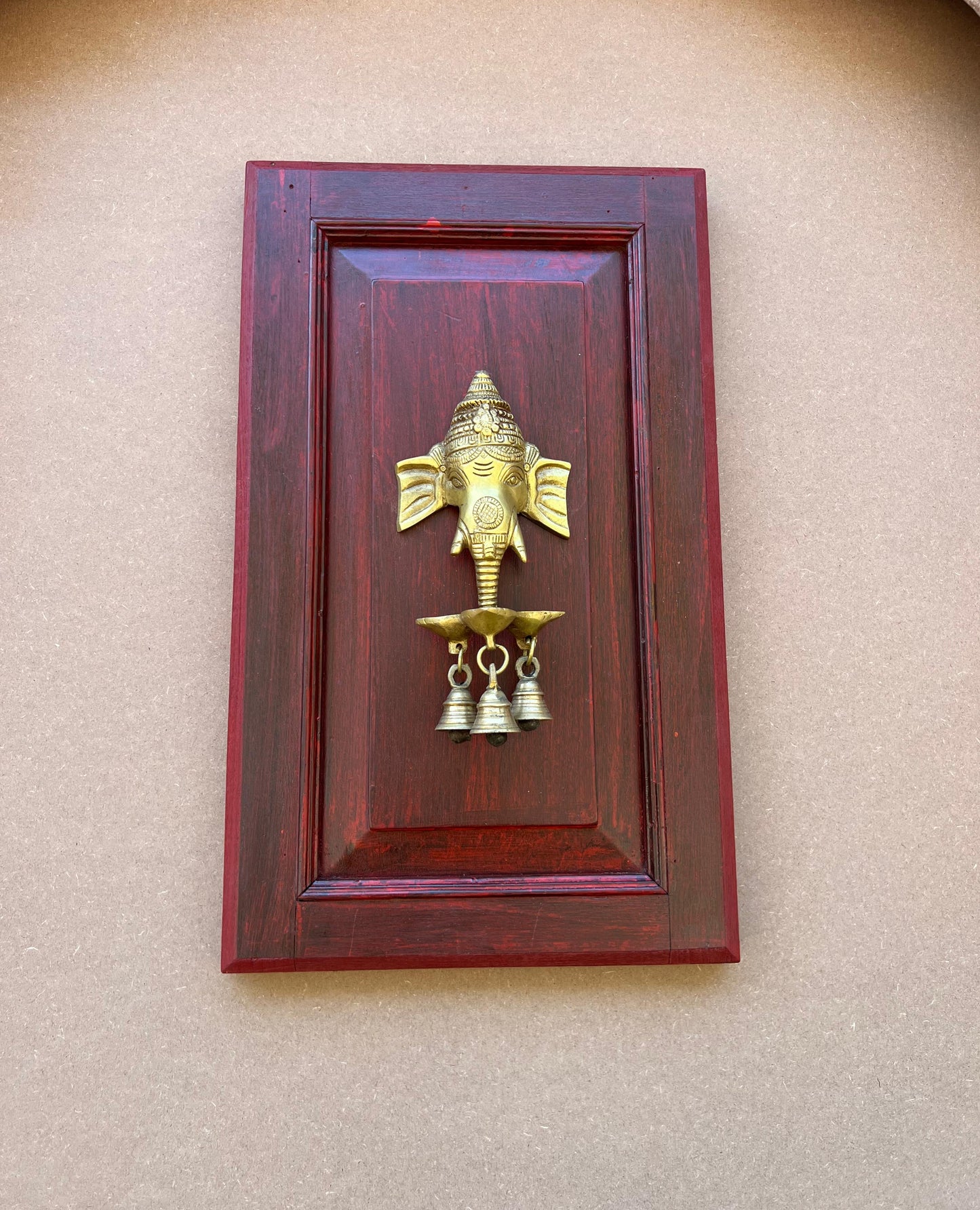 Old Teak wall Panel With Brass Ganesh Mask
