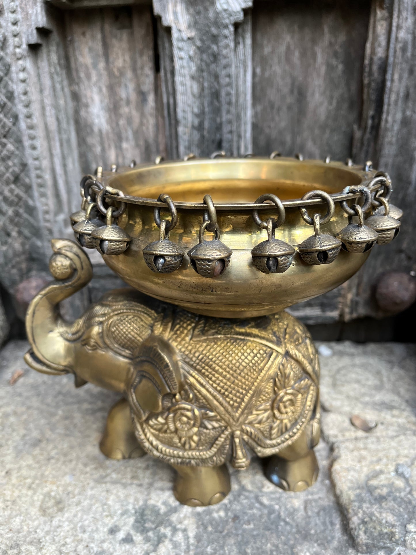 Decorative Elephant Brass Urli With Bells 6”
