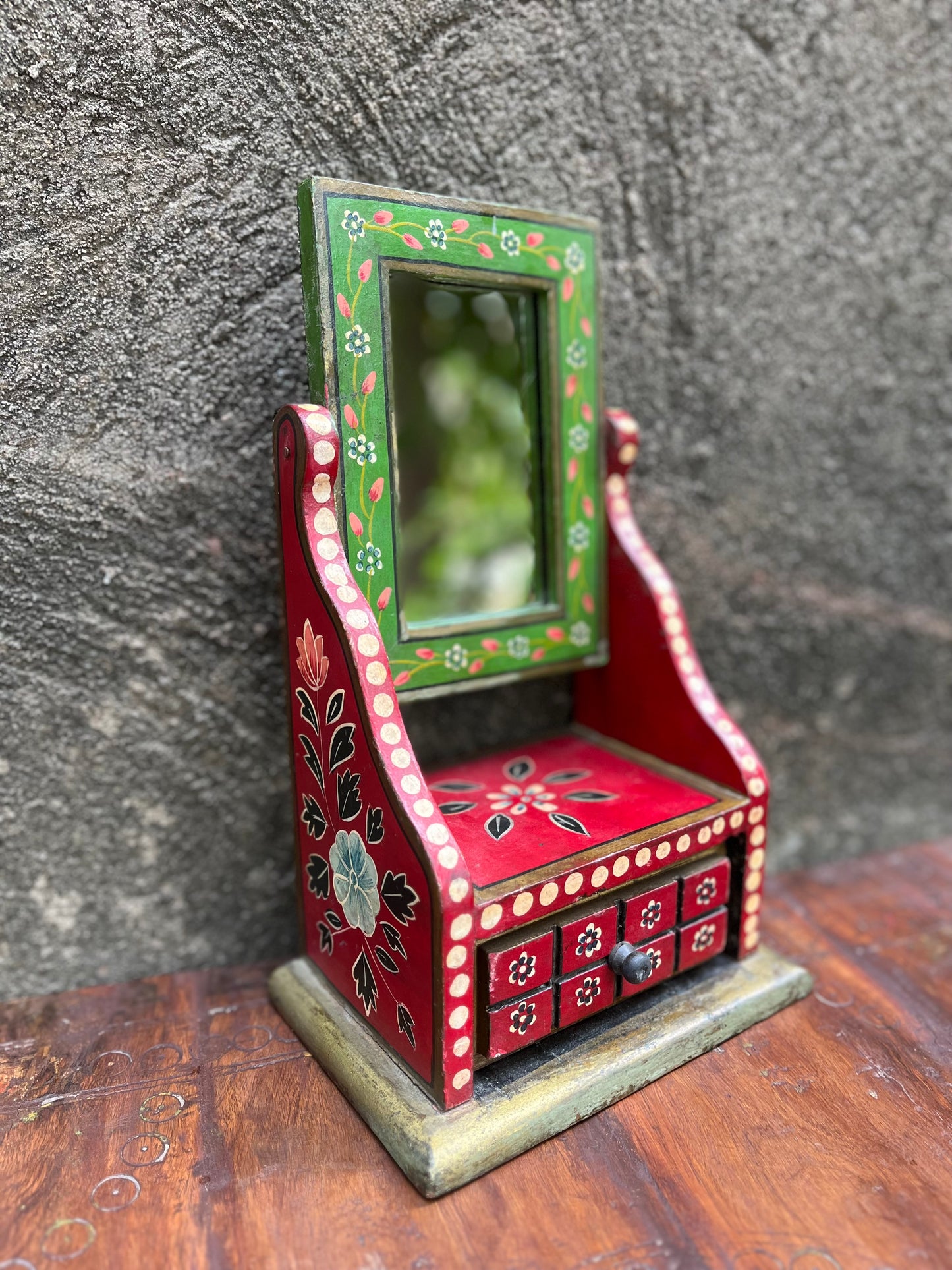 Wood Hand Painted Dressing Mirror With Drawer