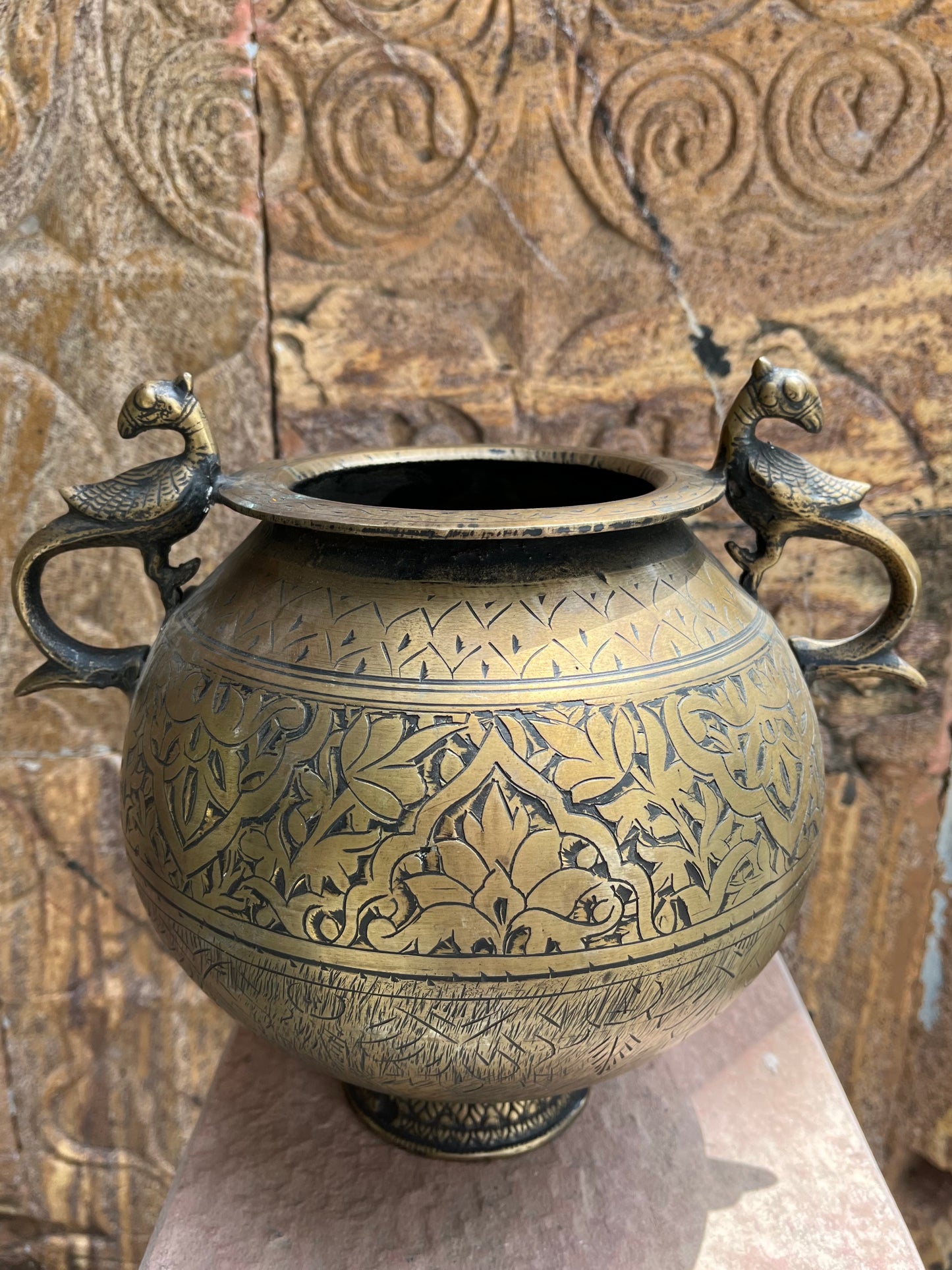 Vintage Brass  Pot With Peacock Handle