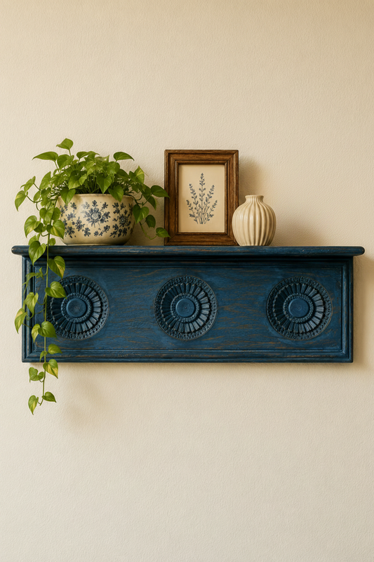 Wood Blue Wall Carved Shelf