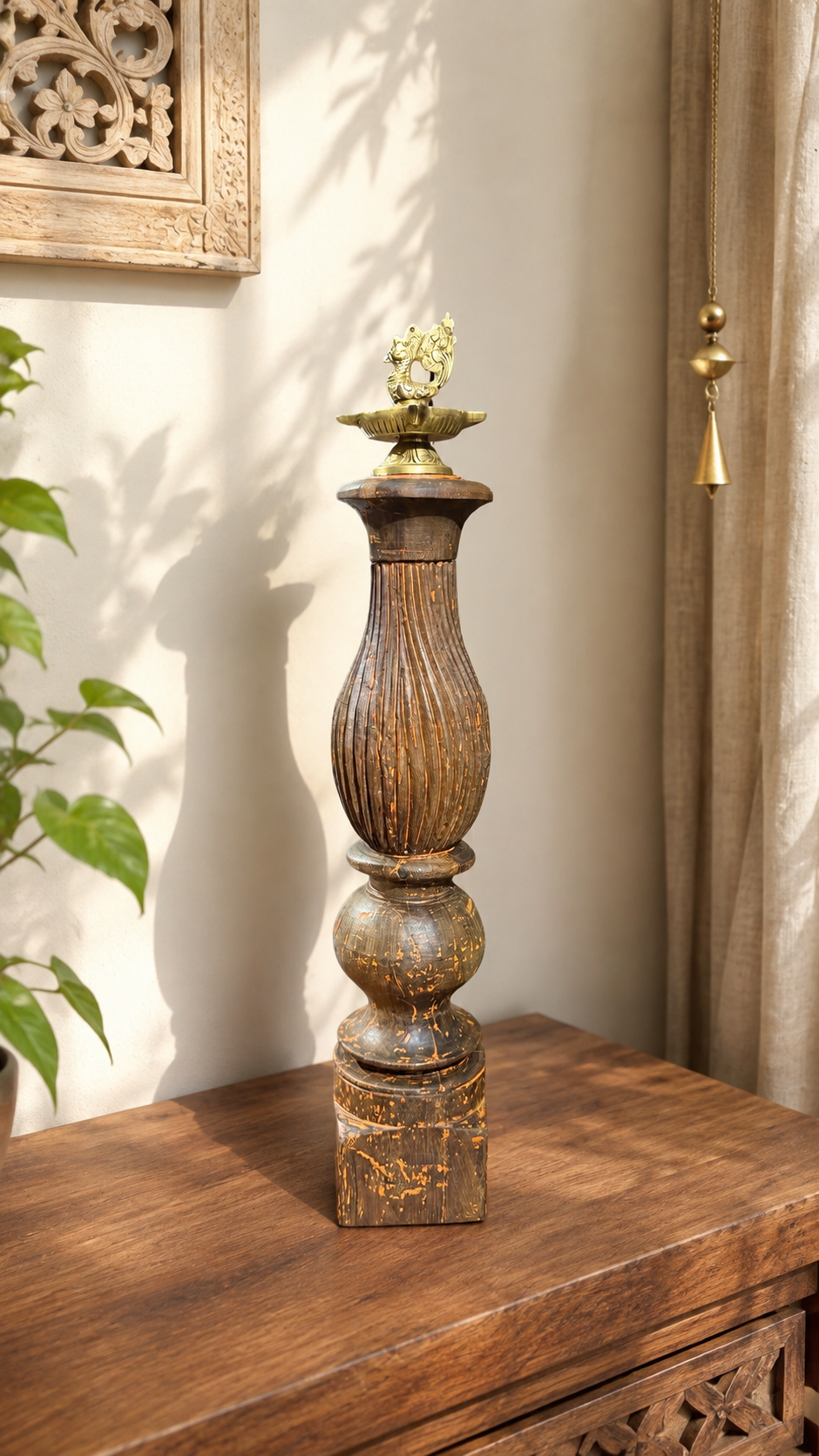 Wood Vintage Brass Diya Stand ￼