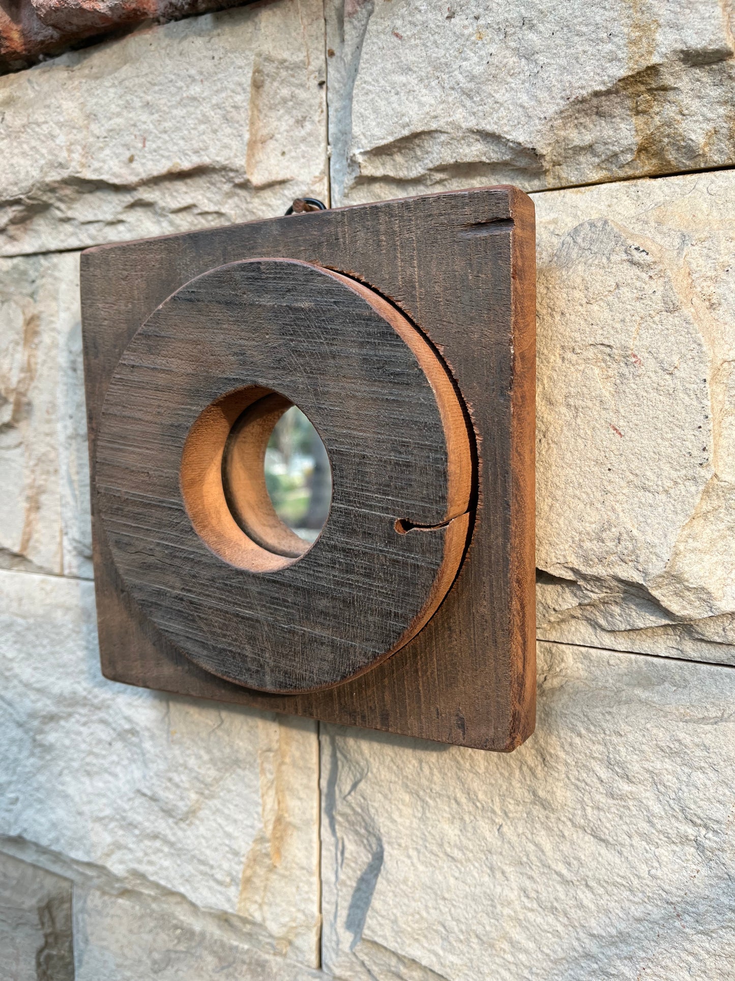 Old Wooden Round Wall Mirror