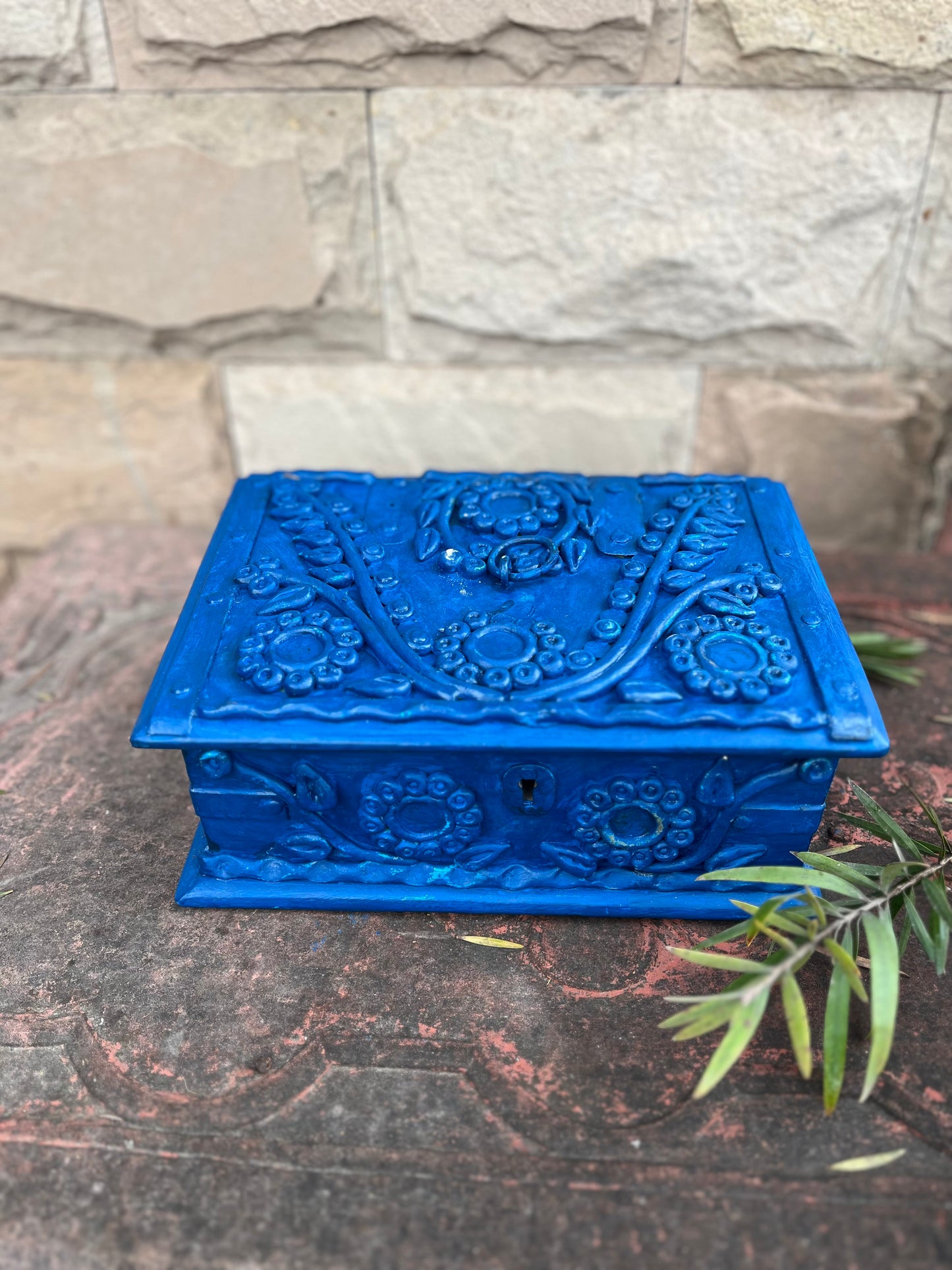 Wood Vintage Blue Mirror Cash Box