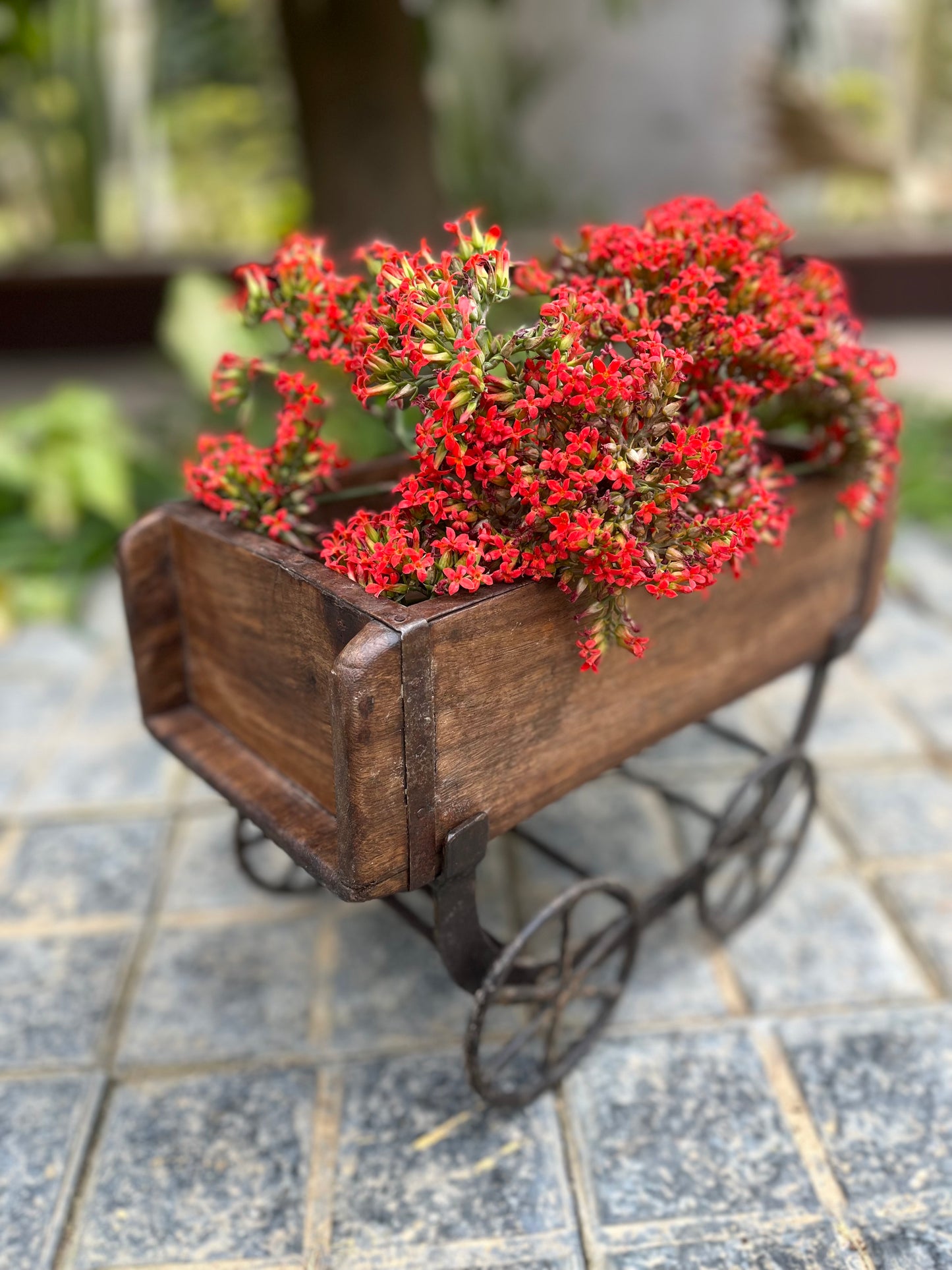 Wooden old Brick Mould wheel planter Stand