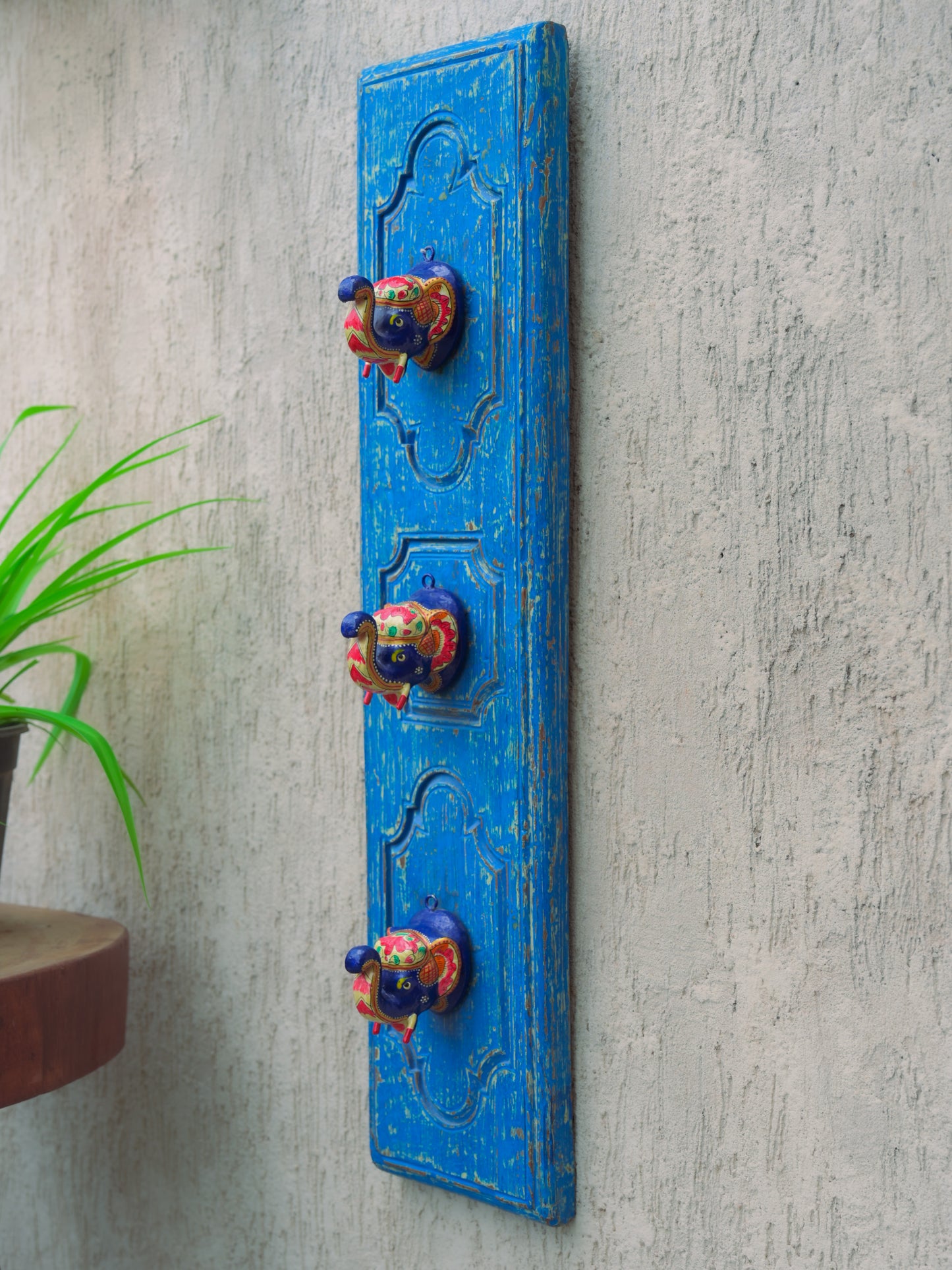 Vintage Blue Carved Elephant Head Panel