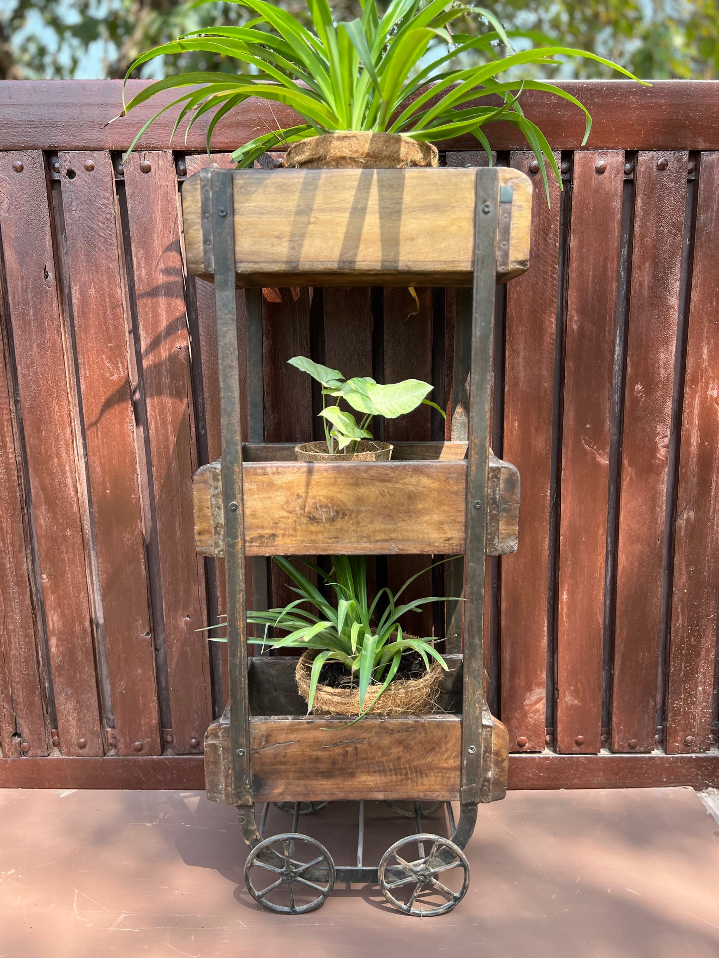 Wooden Old Brick Mould Wheel Planter Stand