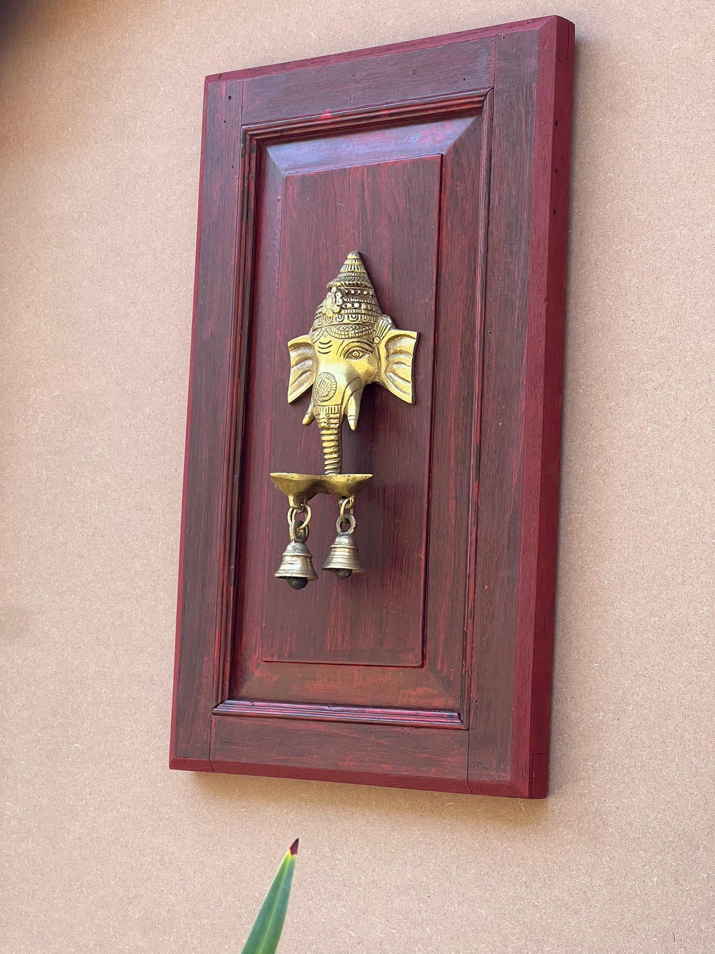 Old Teak wall Panel With Brass Ganesh Mask