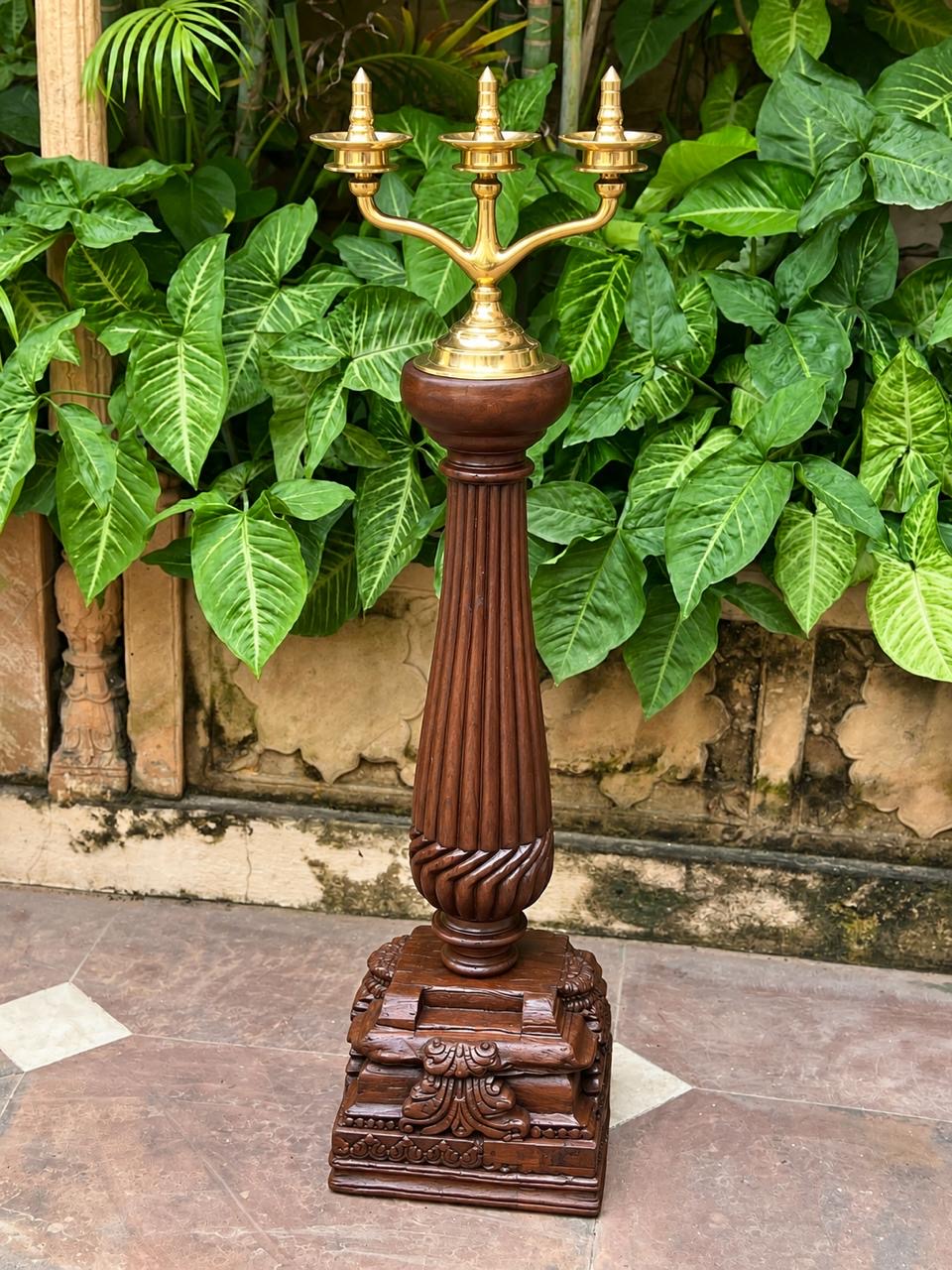 Wood Brass Diya With Stand
