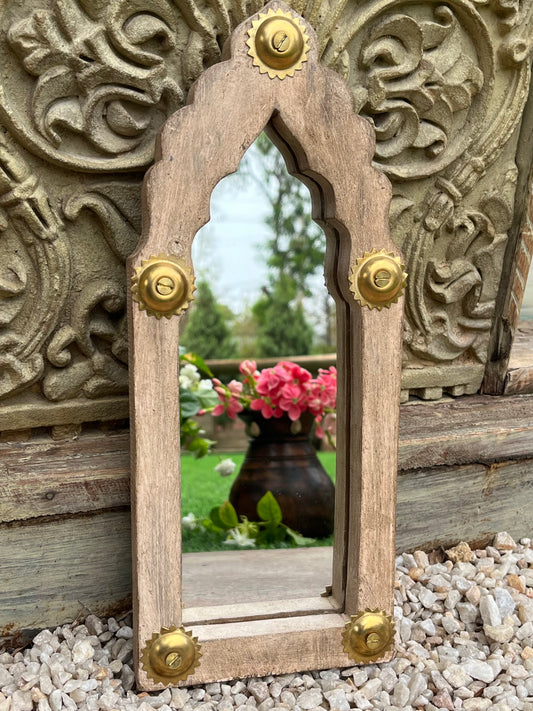 wood Arch Brass Flower Mirror