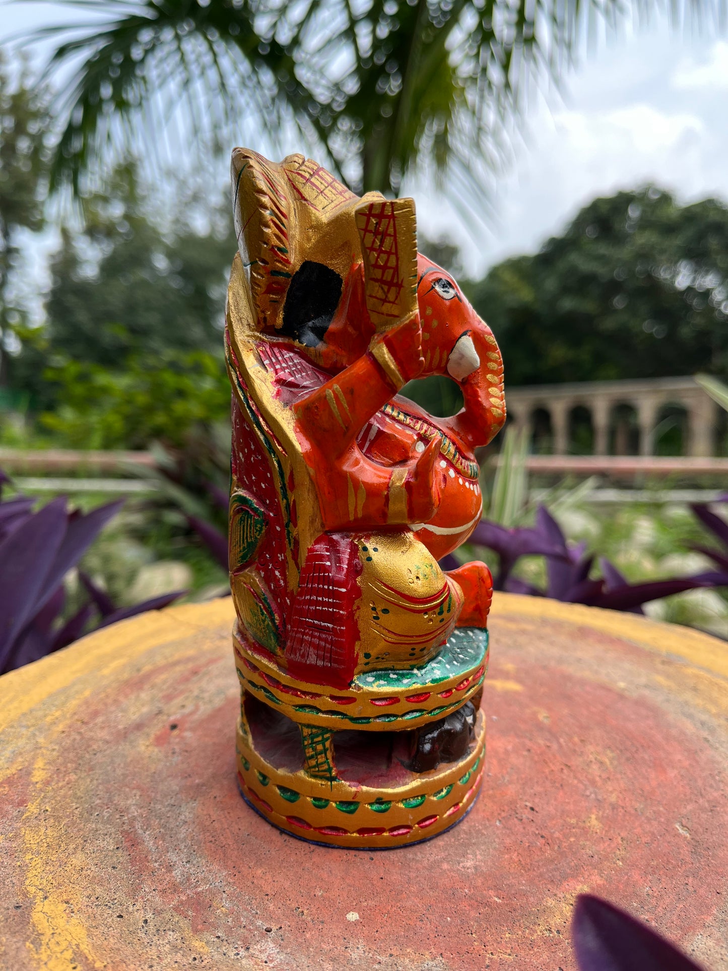Orange Wooden Handpainted Sitting Ganesha
