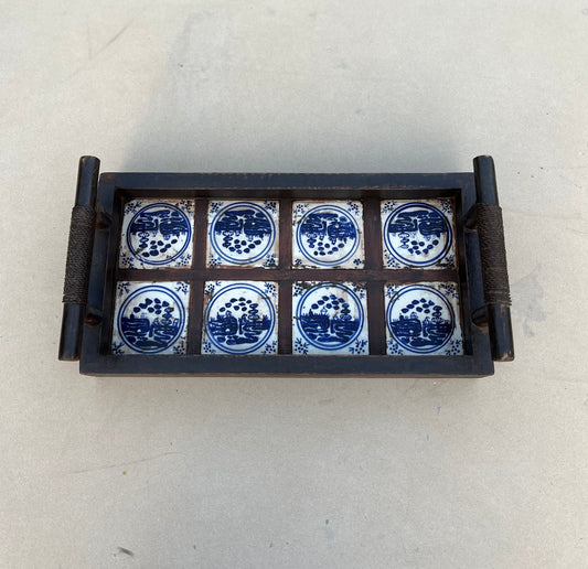 Wooden Blue Old Tile Tray