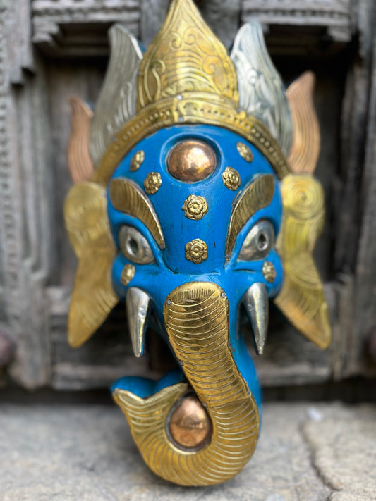 Wooden Blue Wall Ganesh Mask Copper & Brass Work