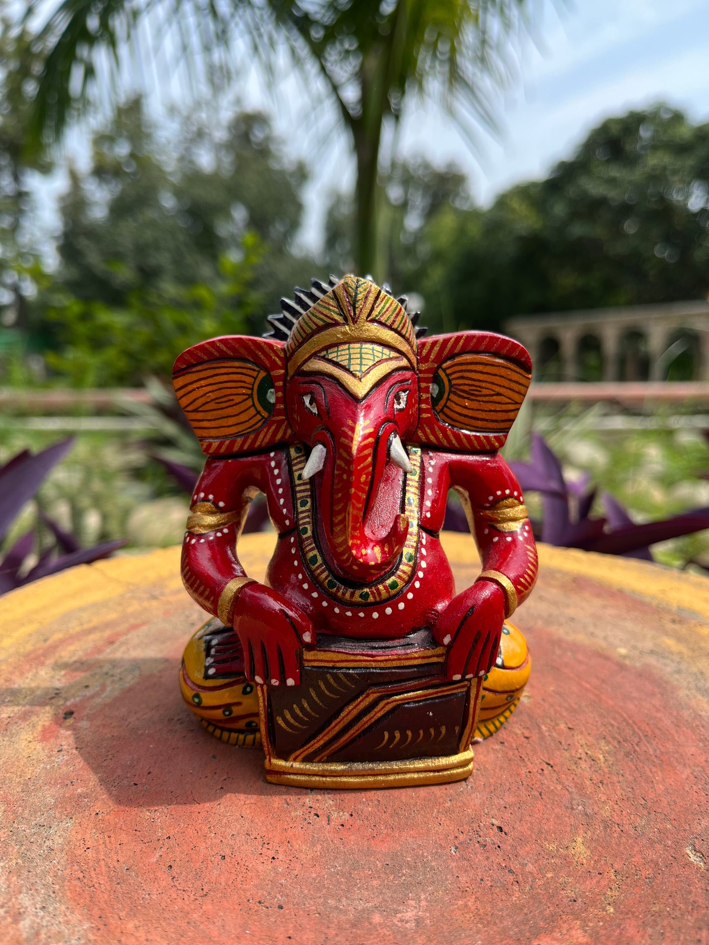 Wooden Red Colour Musician Ganesha