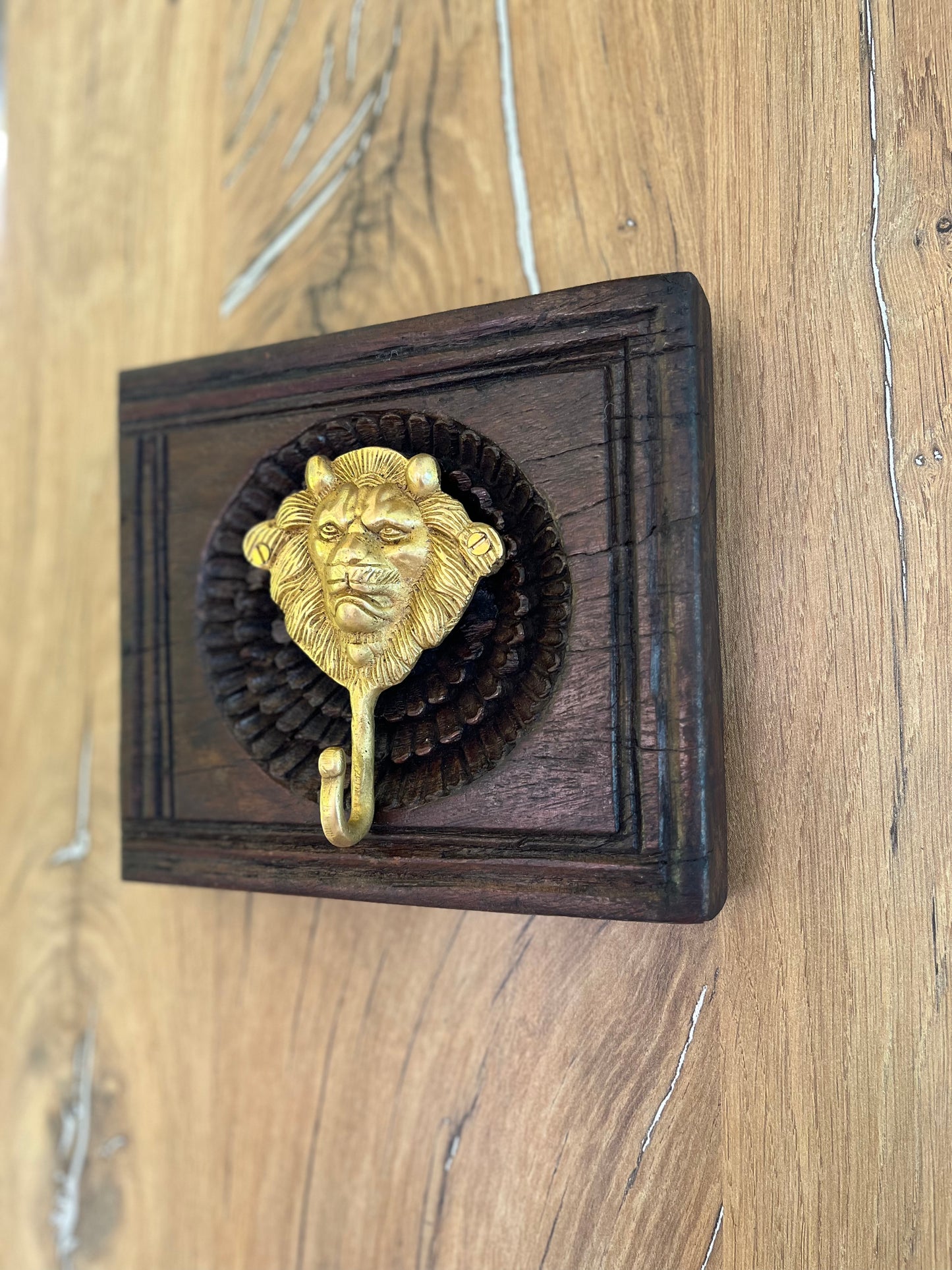 Wooden Square Brass Lion Wall Hook