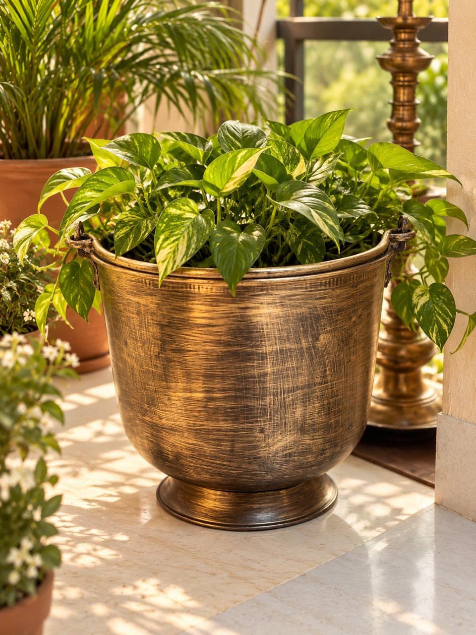 Old Brass Balti As Flower Pot