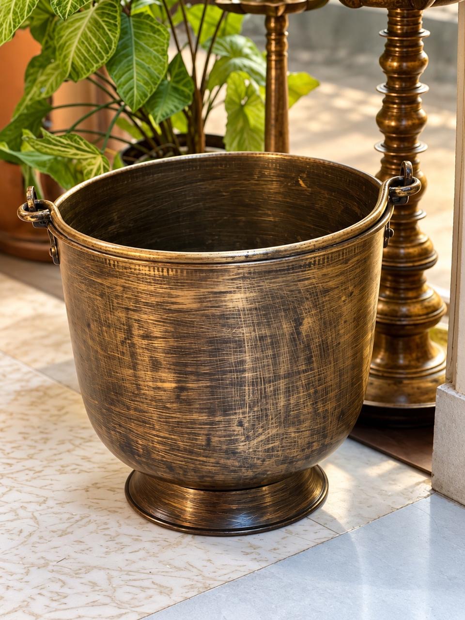 Old Brass Balti As Flower Pot