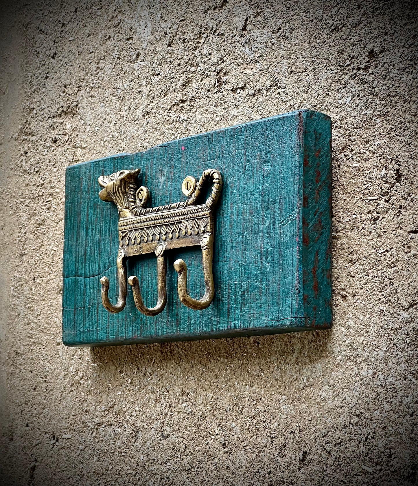 Wooden Wall Panel with Brass Horse Hook