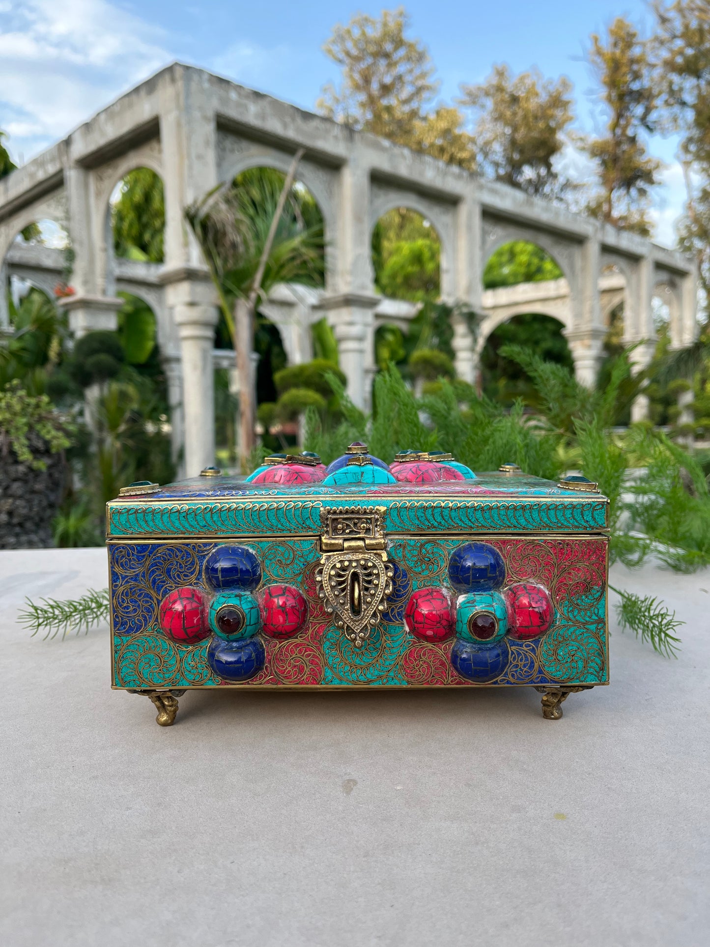 Brass Stone Vintage Style Jewellery Box
