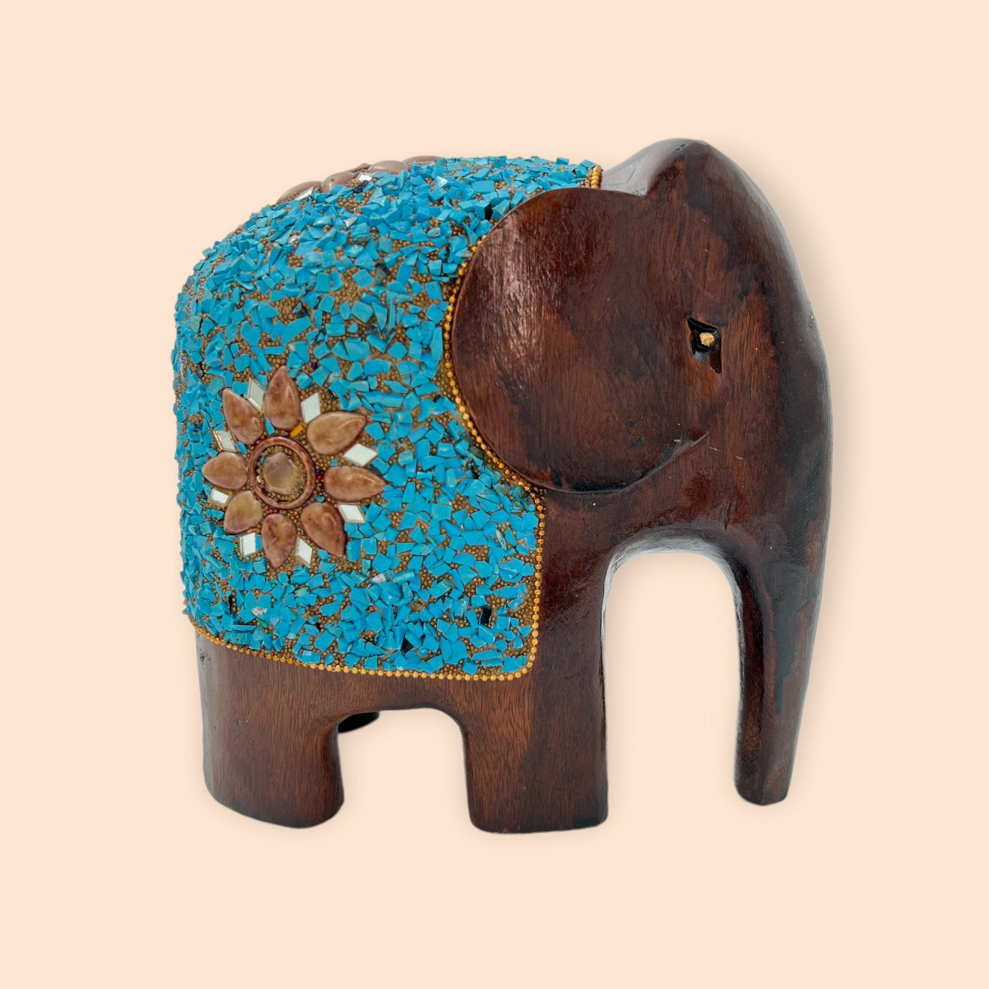 Image of Wooden Elephant with Turquoise Stone Work. The Source India is an Indian Handicraft, Home Decor, Furnishing and Textiles Store. Our Mission is to allow the enhancement of India's Culture