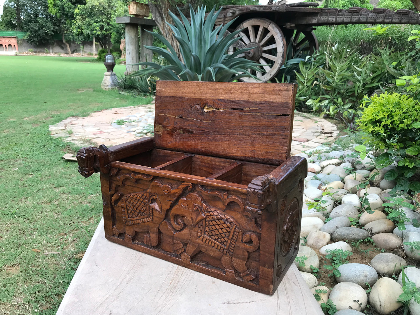 Image of Elegant and Traditional Wooden Horse Head with Elephants Box.  The Source India is an Indian Handicraft, Home Decor, Furnishing and Textiles Store. Based out of Hauz Khas Village New Delhi, each piece is carefully procured to allow the enhancement of India's Culture.