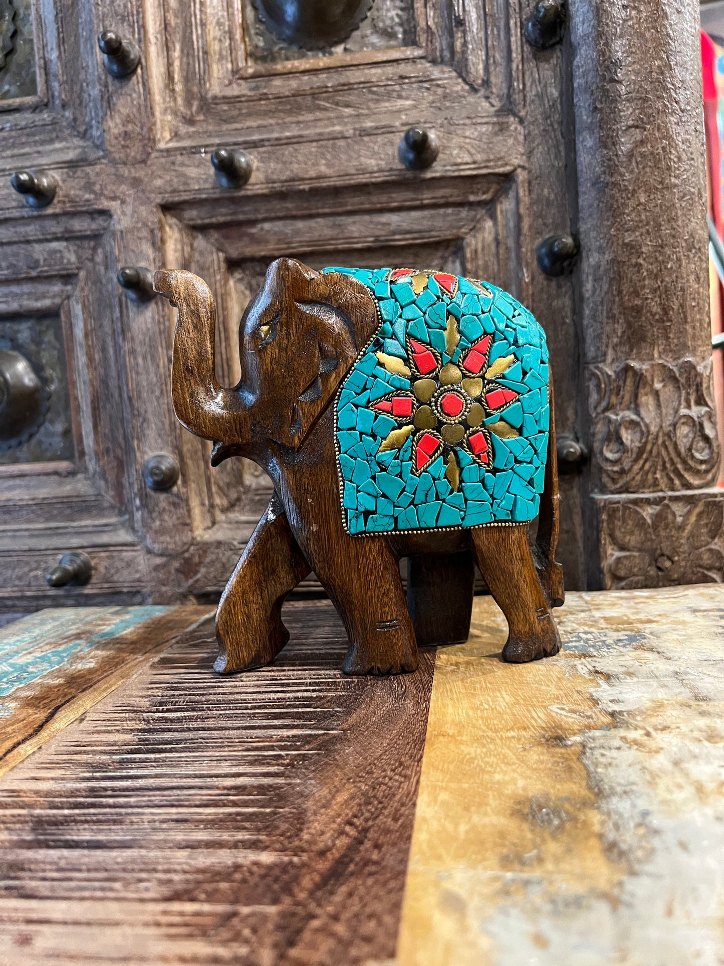 Image of Wooden Elephant with Stone Work. The Source India is an Indian Handicraft, Home Decor, Furnishing and Textiles Store. Our Mission is to allow the enhancement of India's Culture
