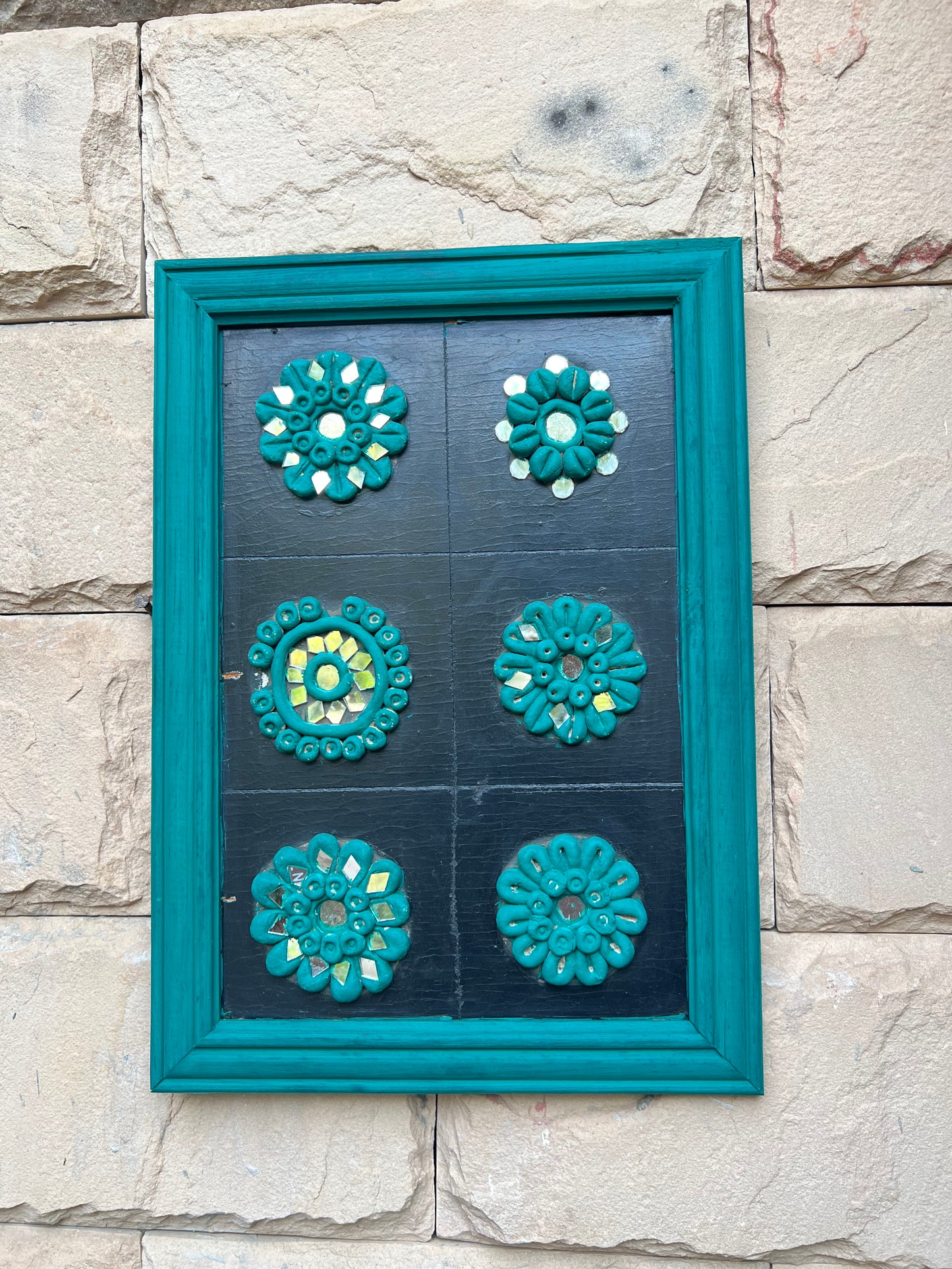 Image of Elegant and Traditional Turquoise Panel with Clay Work  The Source India is an Indian Handicraft, Home Decor, Furnishing and Textiles Store. Based out of Hauz Khas Village New Delhi, each piece is carefully procured to allow the enhancement of India's Culture.