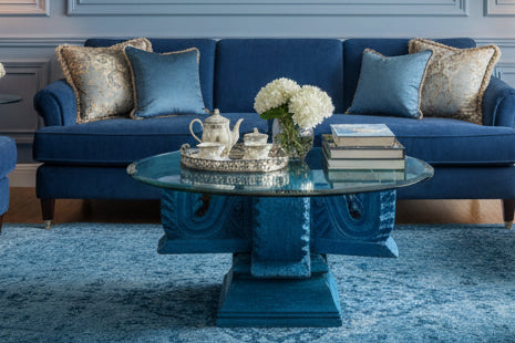 Elegant and Traditional Wooden Carved Blue Bracket Coffee Table.  The Source India is an Indian Handicraft, Home Decor, Furnishing and Textiles Store. Based out of Hauz Khas Village New Delhi, each piece is carefully procured to allow the enhancement of India's Culture.
