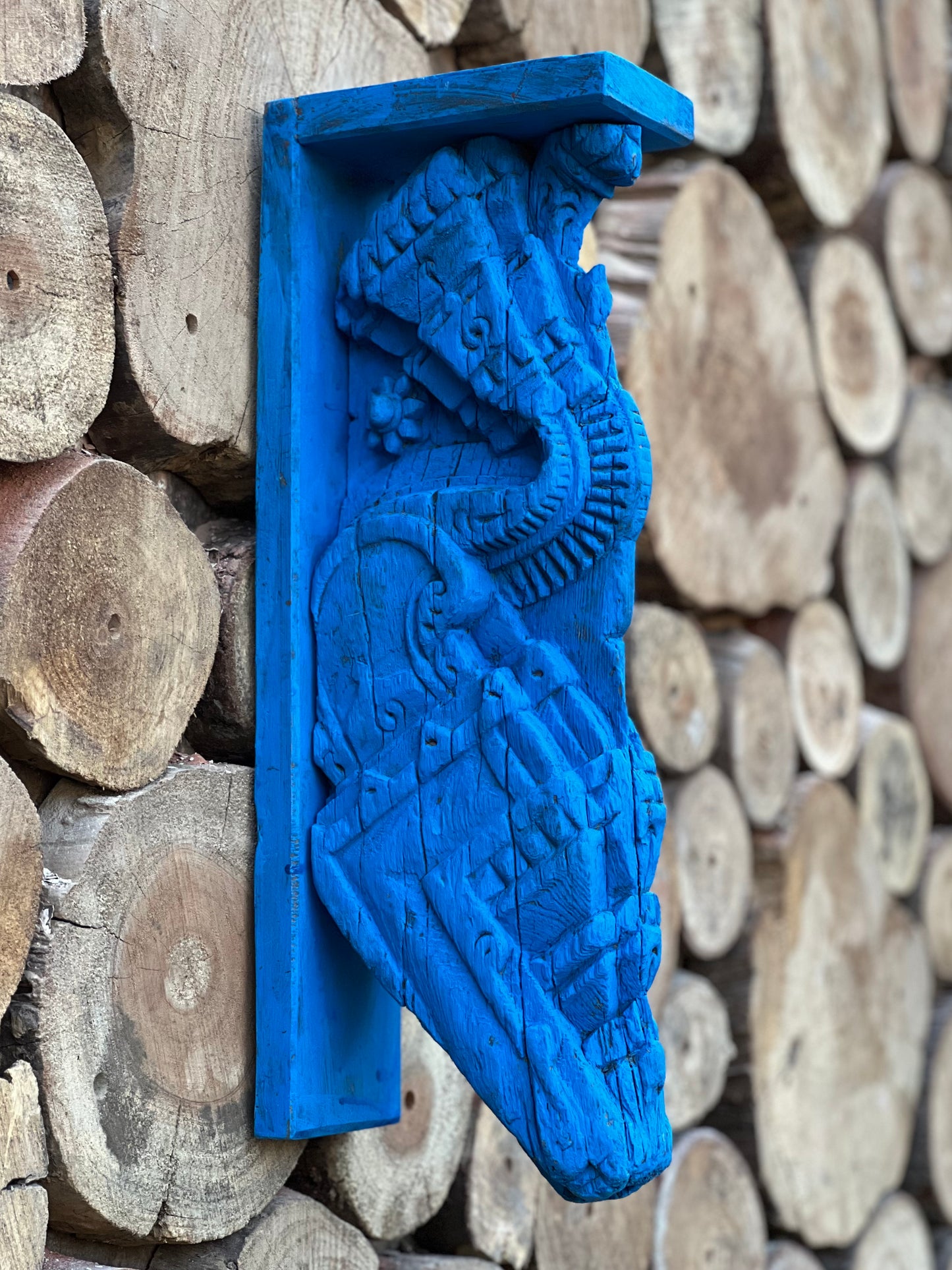 Vintage Blue Wooden Carved Wall Bracket
