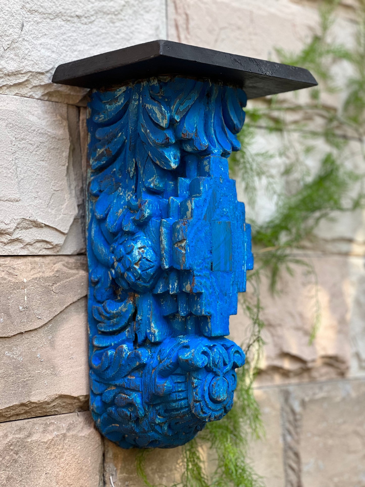 Vintage Blue Wooden Carved Bracket