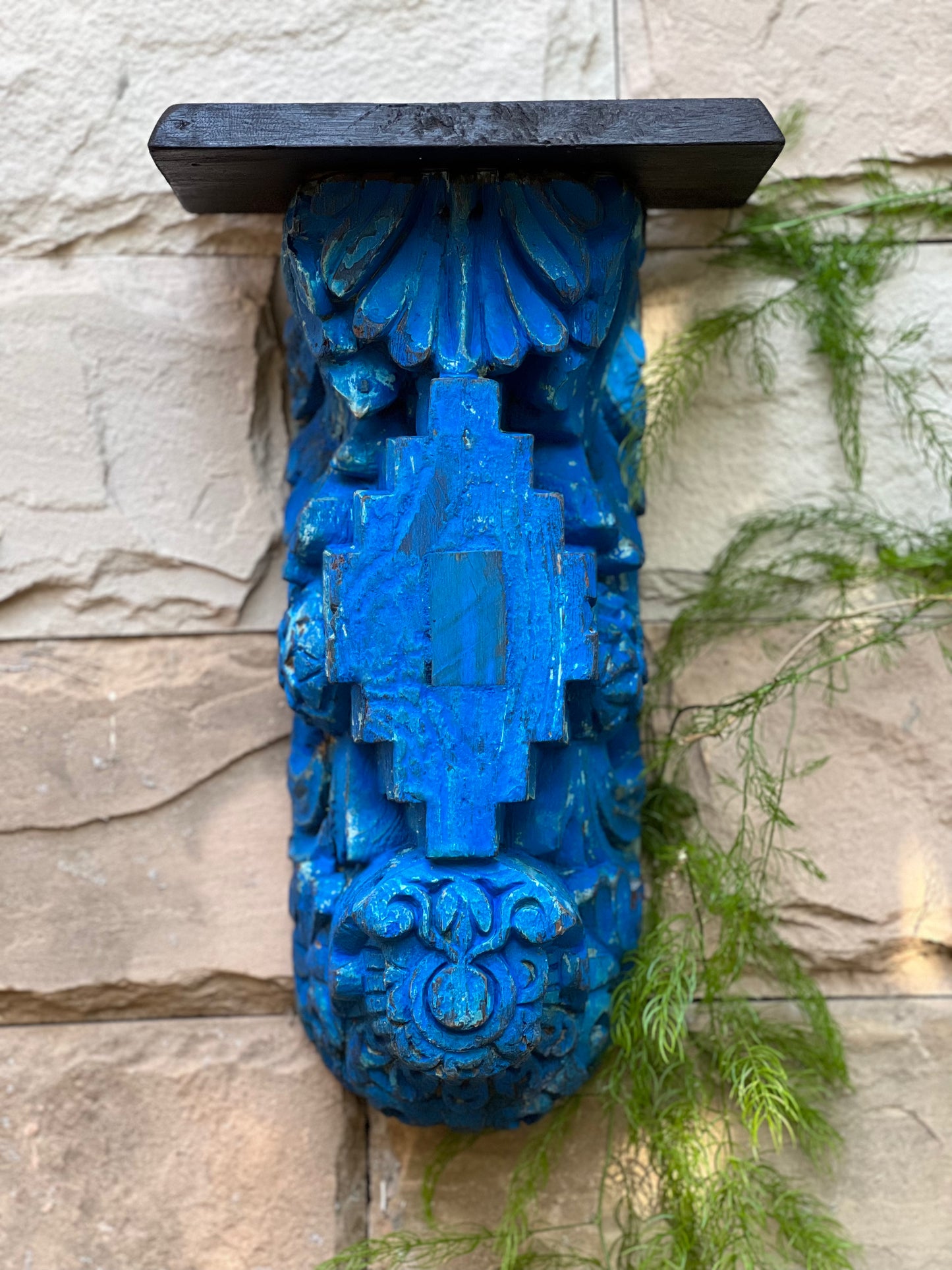 Vintage Blue Wooden Carved Bracket