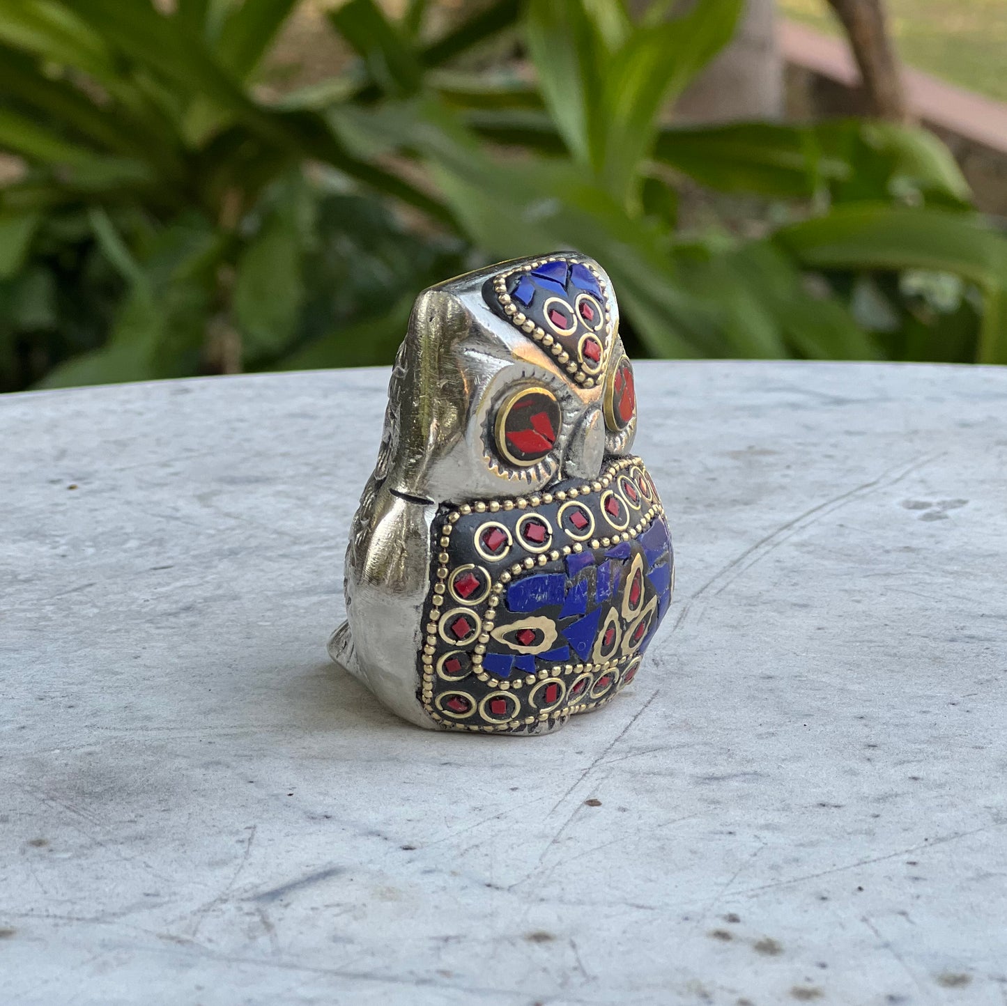 Metal Blue Owl With Mosaic  Work