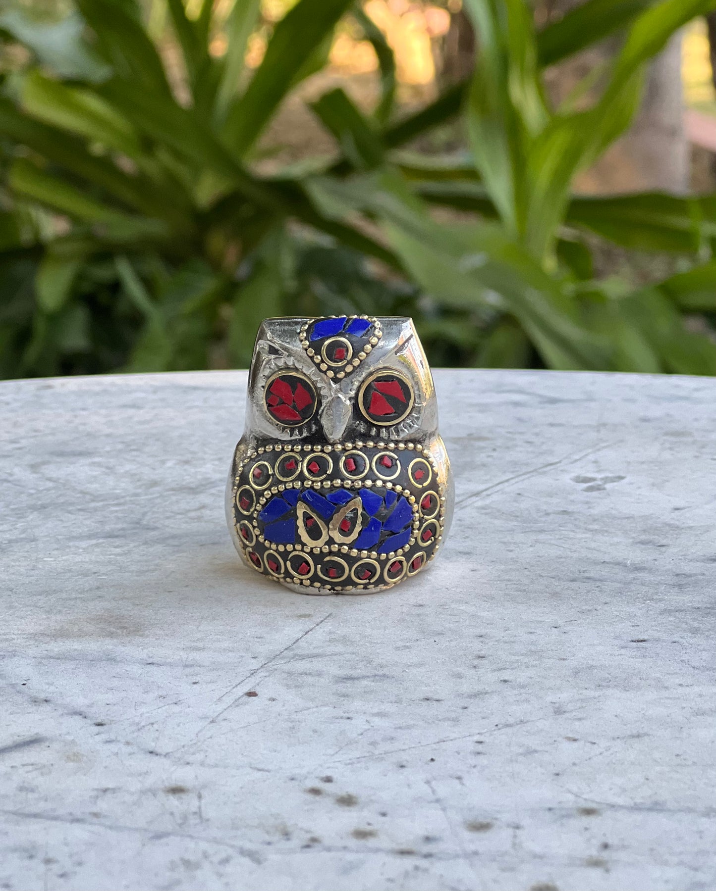 Metal Blue Owl with Mosaic Stone Work