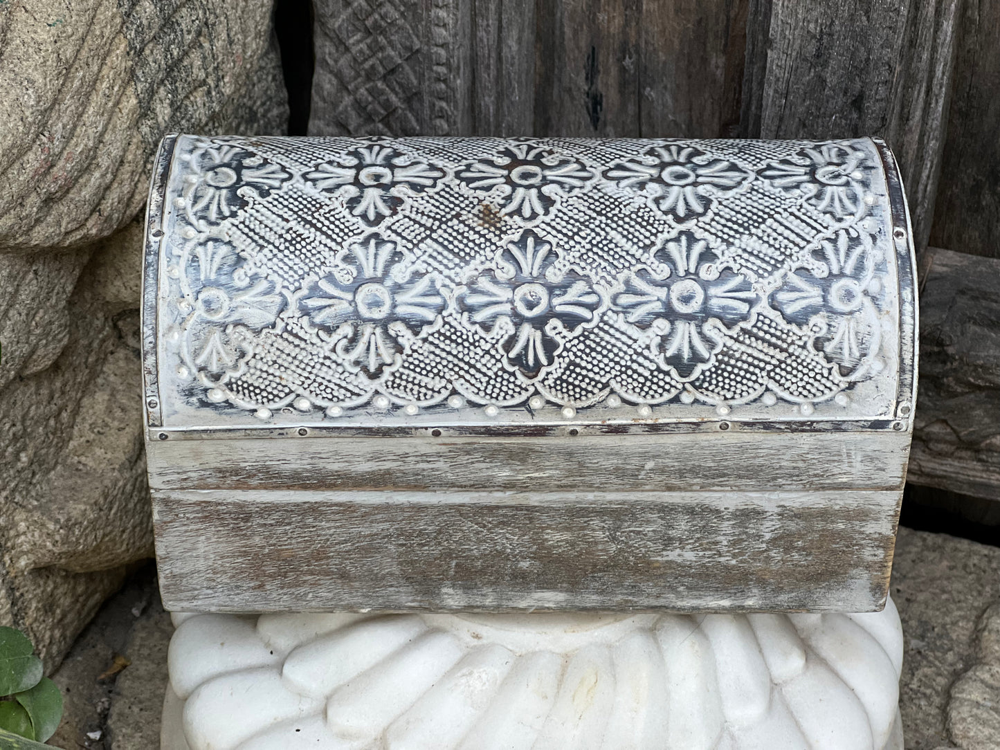 White Wooden Half Carved Box