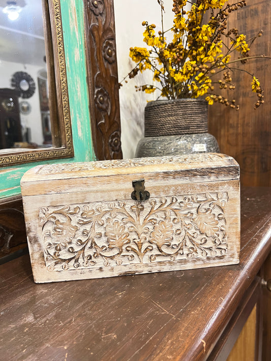 Image of Elegant and Traditional Wooden Carved Box with White Finish.   The Source India is an Indian Handicraft, Home Decor, Furnishing and Textiles Store. Based out of Hauz Khas Village New Delhi, each piece is carefully procured to allow the enhancement of India's Culture.