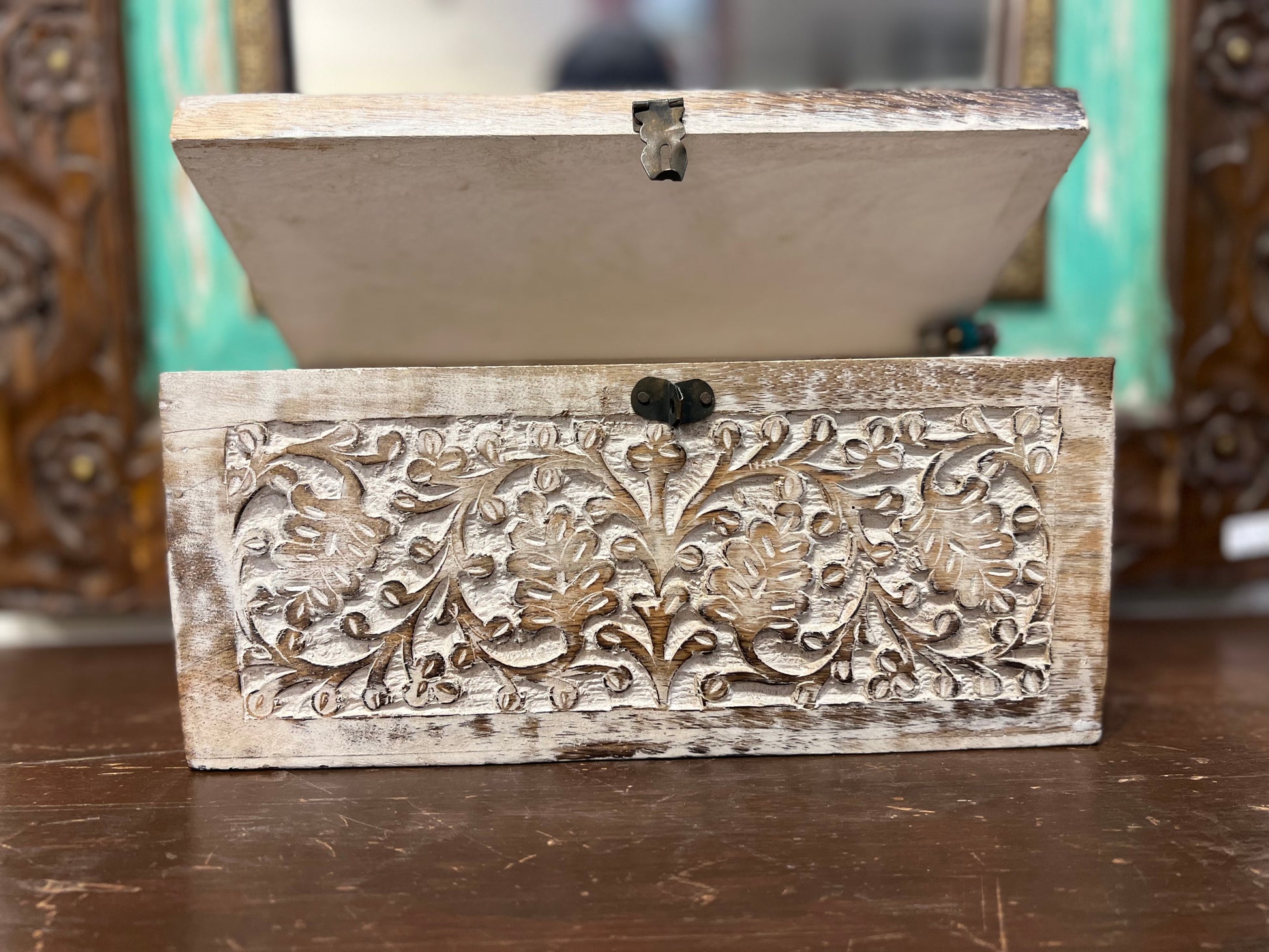 Image of Elegant and Traditional Wooden Carved Box with White Finish.   The Source India is an Indian Handicraft, Home Decor, Furnishing and Textiles Store. Based out of Hauz Khas Village New Delhi, each piece is carefully procured to allow the enhancement of India's Culture.